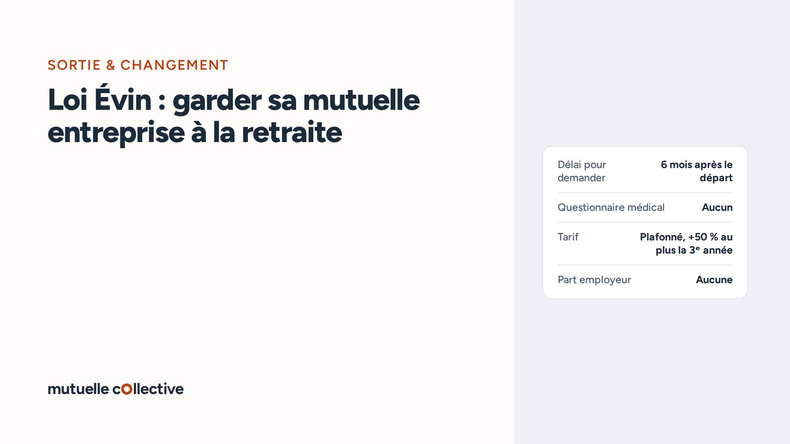 Points clés : Délai pour demander : 6 mois après le départ ; Questionnaire médical : Aucun ; Tarif : Plafonné, +50 % au plus la 3ᵉ année ; Part employeur : Aucune