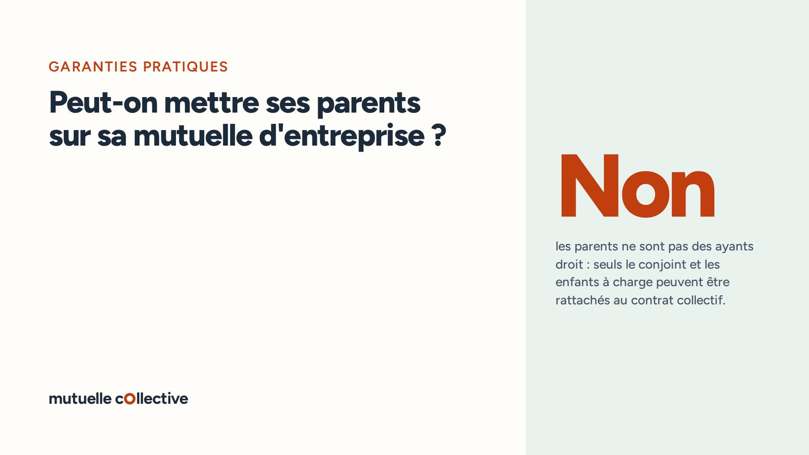 Repère chiffré : Non, les parents ne sont pas des ayants droit : seuls le conjoint et les enfants à charge peuvent être rattachés au contrat collectif.