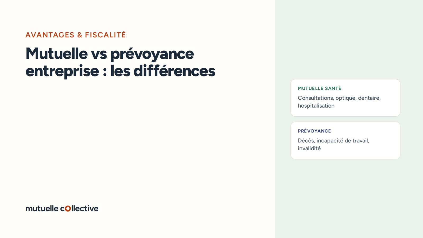 Deux cas côte à côte : Mutuelle santé, Consultations, optique, dentaire, hospitalisation ; Prévoyance, Décès, incapacité de travail, invalidité
