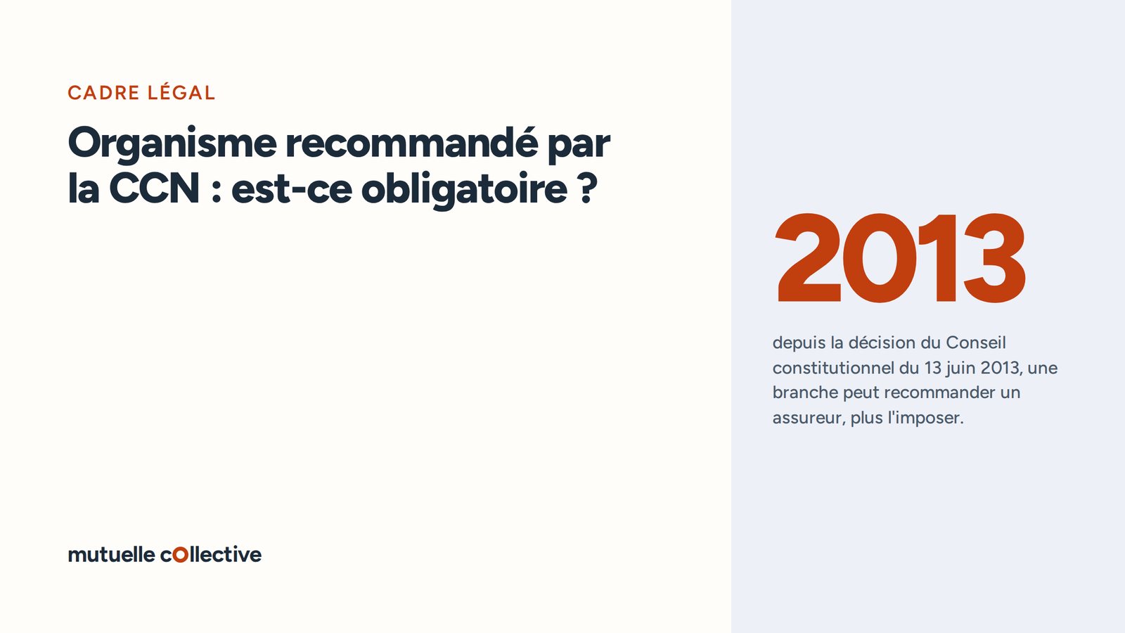 Repère chiffré : 2013, depuis la décision du Conseil constitutionnel du 13 juin 2013, une branche peut recommander un assureur, plus l'imposer.