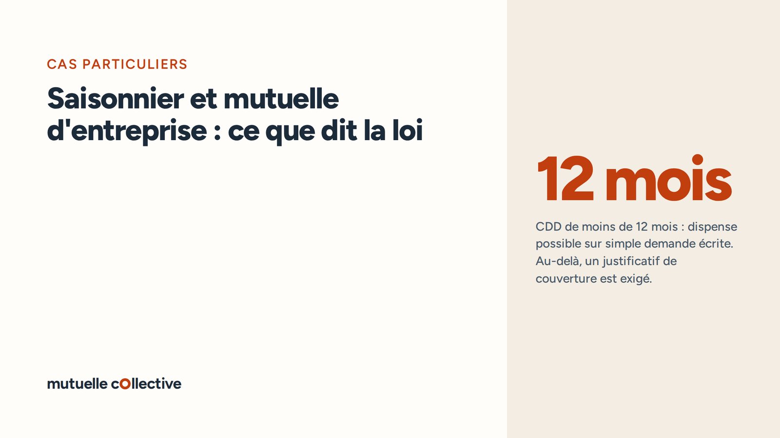 Repère chiffré : 12 mois, CDD de moins de 12 mois : dispense possible sur simple demande écrite. Au-delà, un justificatif de couverture est exigé.